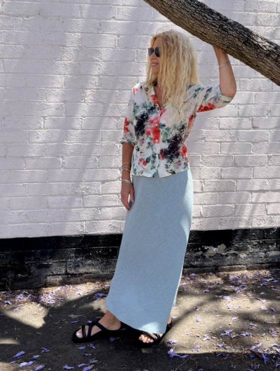 Jiva Fitted Shirt- Red Lily Print - Silk Cotton-jivaclothing