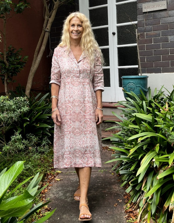Jiva 50's Dress - Clay Moroccan Tile Print - Ramie-jivaclothing