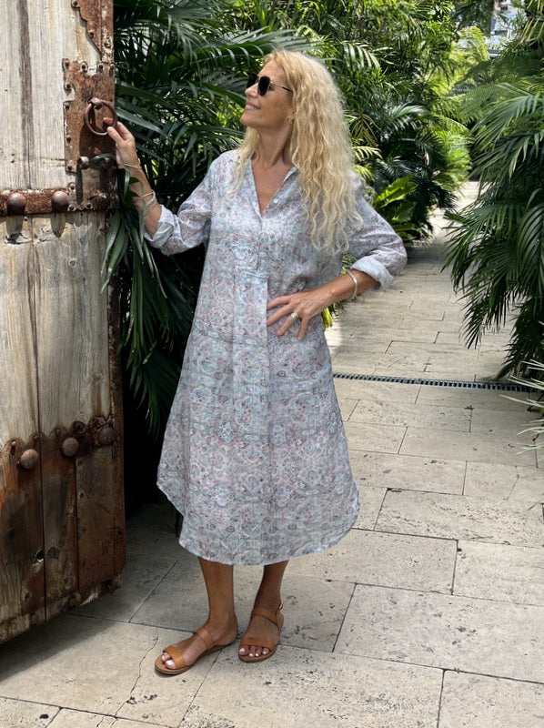 Jiva Siena Over Dress- Blue Moroccan Tile Print - Ramie -jivaclothing