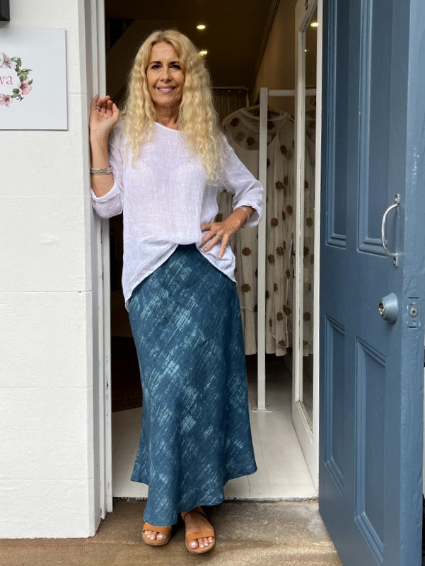 Jiva Midi Linen Prudence Skirt- Patina Print-jivaclothing