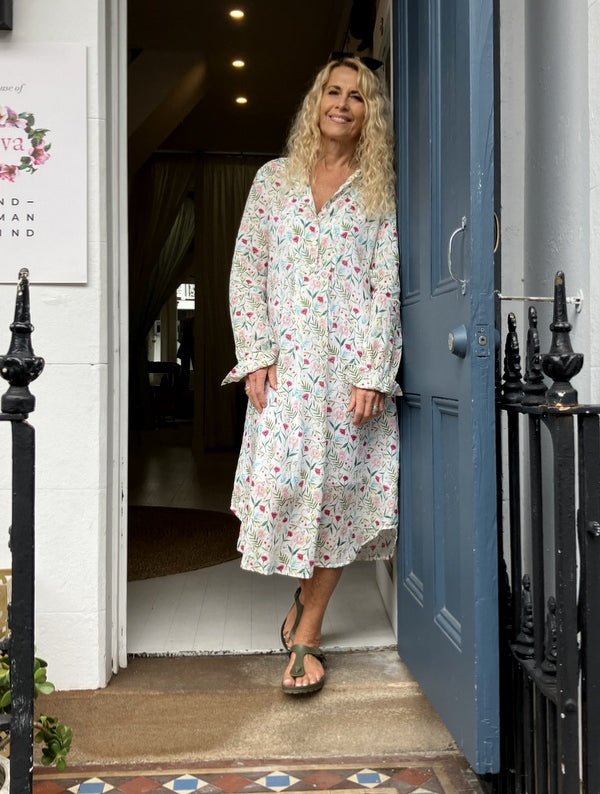 Jiva Siena Over Dress- Pink Poppy Print - Ramie -jivaclothing