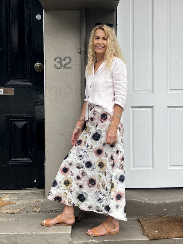 Jiva Midi Linen Prudence Skirt- Watercolour -jivaclothing
