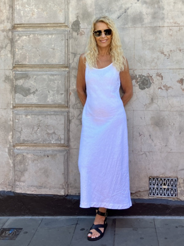 Jiva Vintage Wash Linen Shoestring Slip Dress - White -jivaclothing