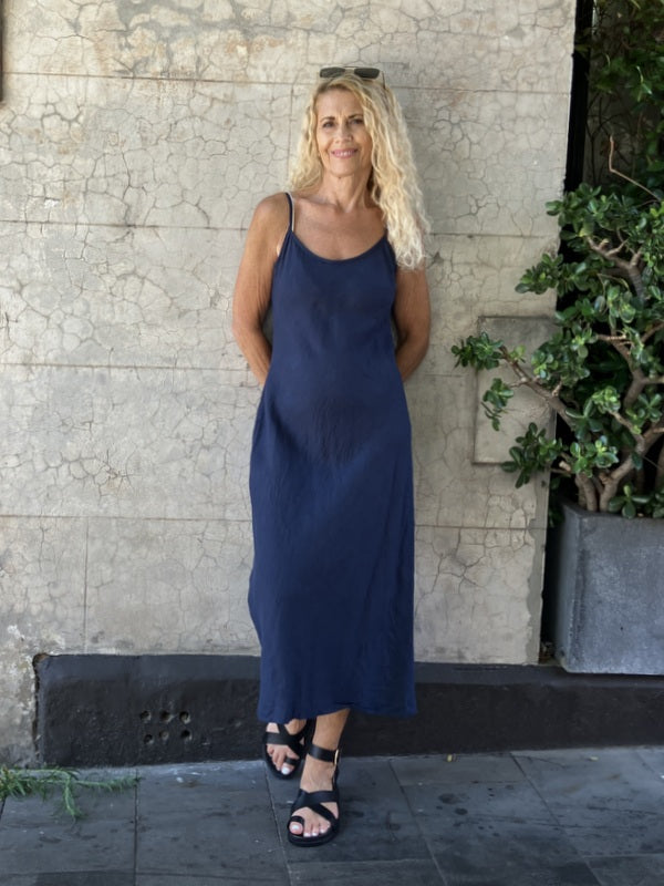 Jiva Vintage Wash Linen Shoestring Slip Dress - Navy-jivaclothing