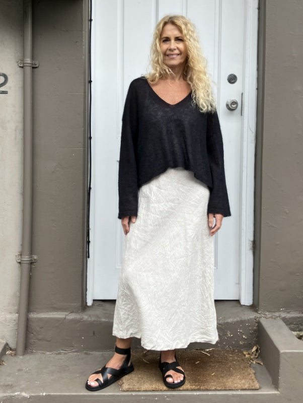 Luna Gallery Sheer MOHAIR Crop V Neck Sweater - Black -jivaclothing