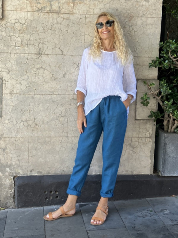 Jiva Mimi Pant - Narrow Leg Linen - Ocean Blue -jivaclothing