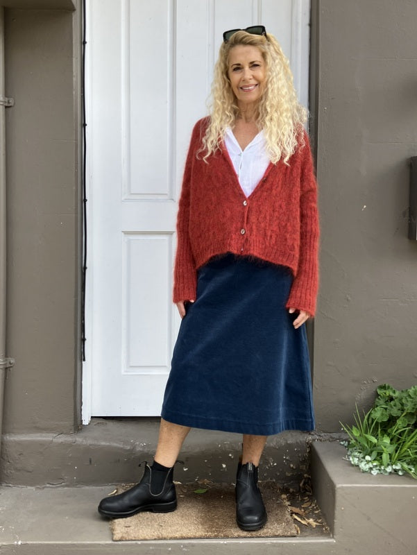 Jiva Isla A-Line Whale Cord Skirt - Denim Blue -jivaclothing