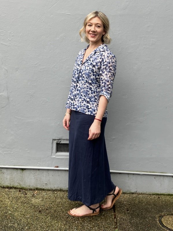 Jiva Fitted Shirt - Blue Daisy Print - Ramie -jivaclothing