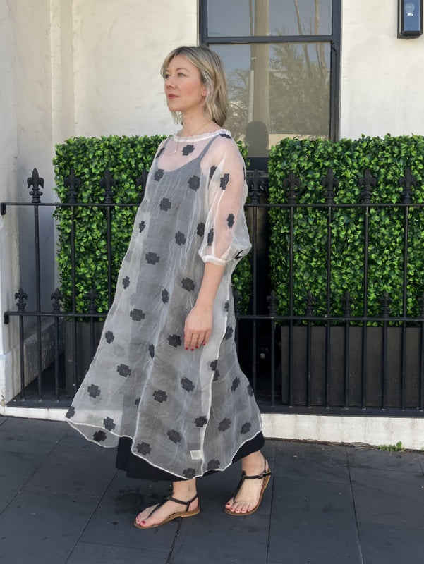 Loom LifeStyle Silk Organza + Jamdani Loose Dress - Black Flower -jivaclothing