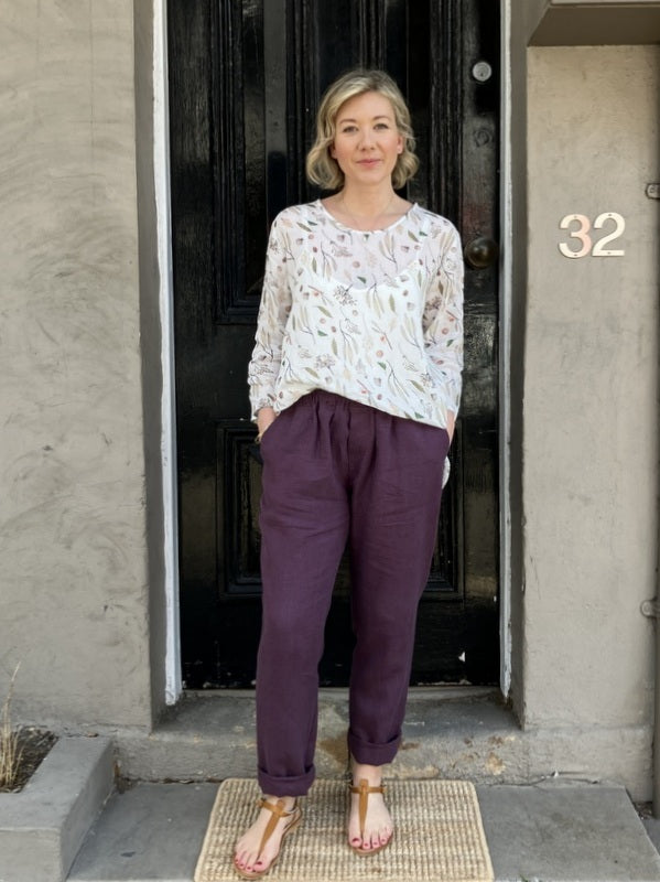 Jiva Mimi Pant - Narrow Leg Linen - Raisin -jivaclothing