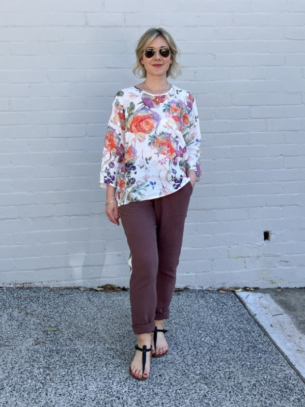 Jiva Mimi Pant - Narrow Leg Linen - Cocoa/ Stripe -jivaclothing