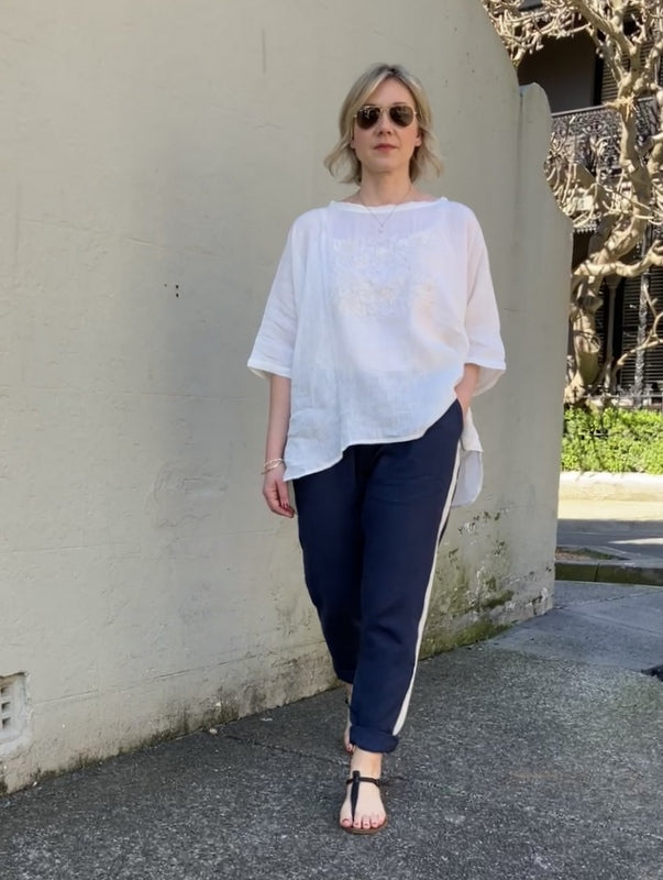 Jiva Mimi Pant - Narrow Leg Linen - Navy/ Striped -jivaclothing