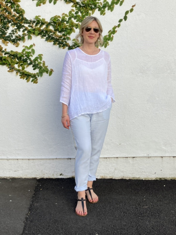 Jiva Mimi Pant - Narrow Leg Linen -Powder Blue/ Striped -jivaclothing