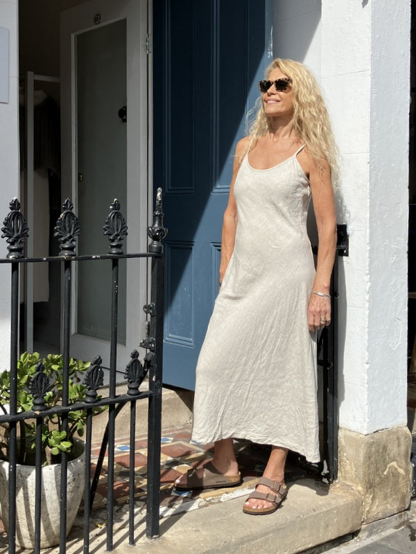 Jiva Vintage Wash Linen Shoestring Slip Dress - Natural-jivaclothing