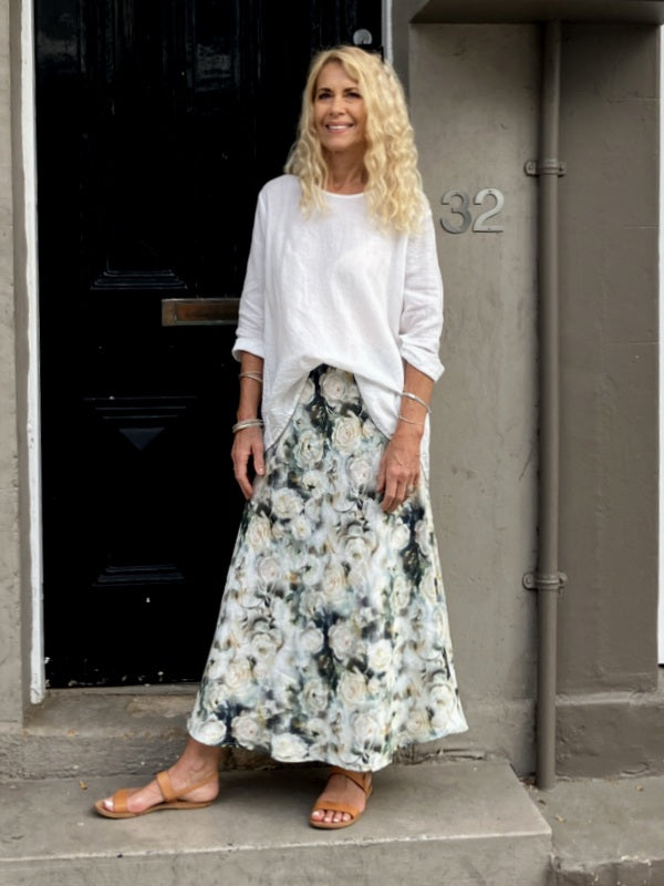 Jiva Midi Linen Prudence Skirt- White Rose Print-jivaclothing