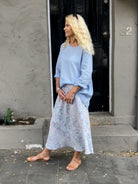 Jiva Midi Linen Prudence Skirt- Blue Moroccan Tile Print-jivaclothing