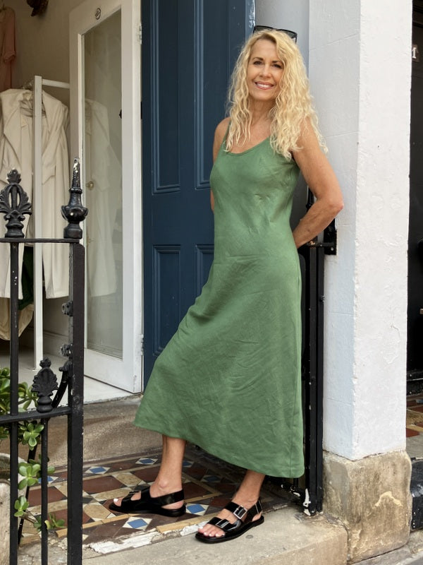 Jiva Vintage Wash Linen Shoestring Slip Dress - Forever Green-jivaclothing