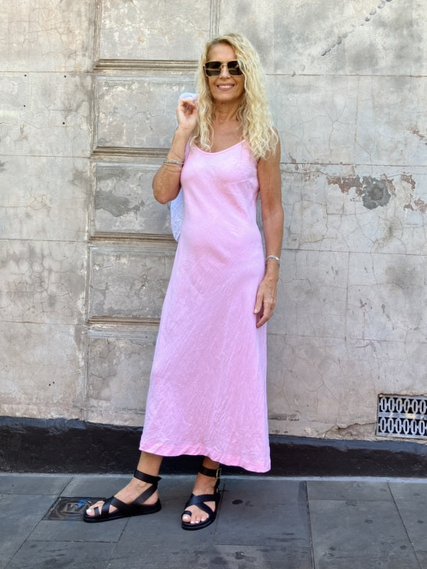 Jiva Vintage Wash Linen Shoestring Slip Dress - Candy Pink -jivaclothing