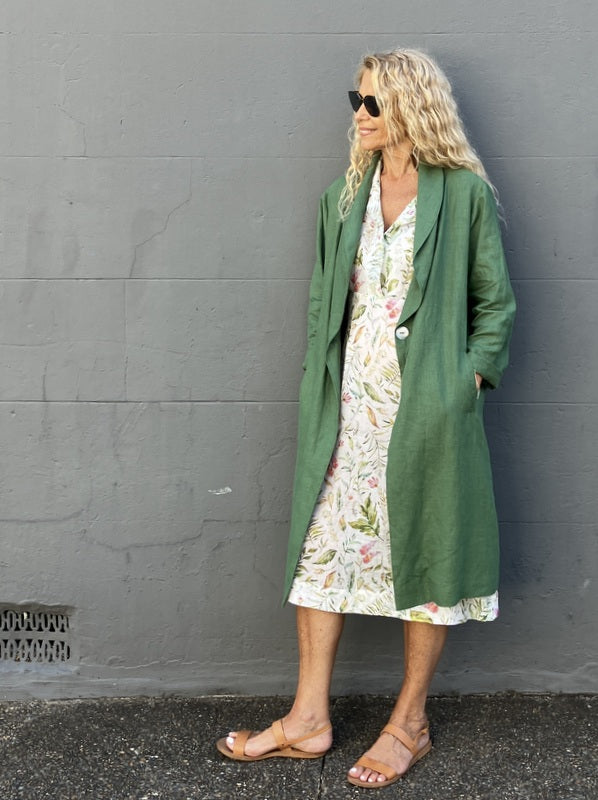 Jiva Antique Wash Linen Catherine Coat - Forever Green -jivaclothing