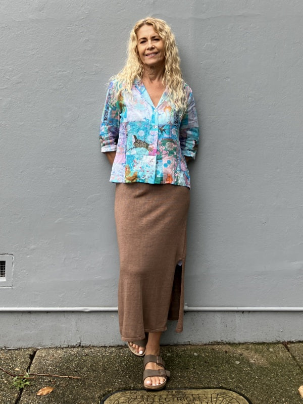 Jiva Fitted Shirt - Blue Patchwork Print - Ramie -jivaclothing