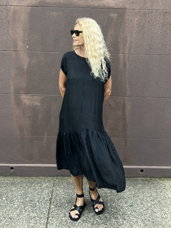 Loom Lifestyle Handloomed  Asymmetrical Silk Dress - Black -jivaclothing