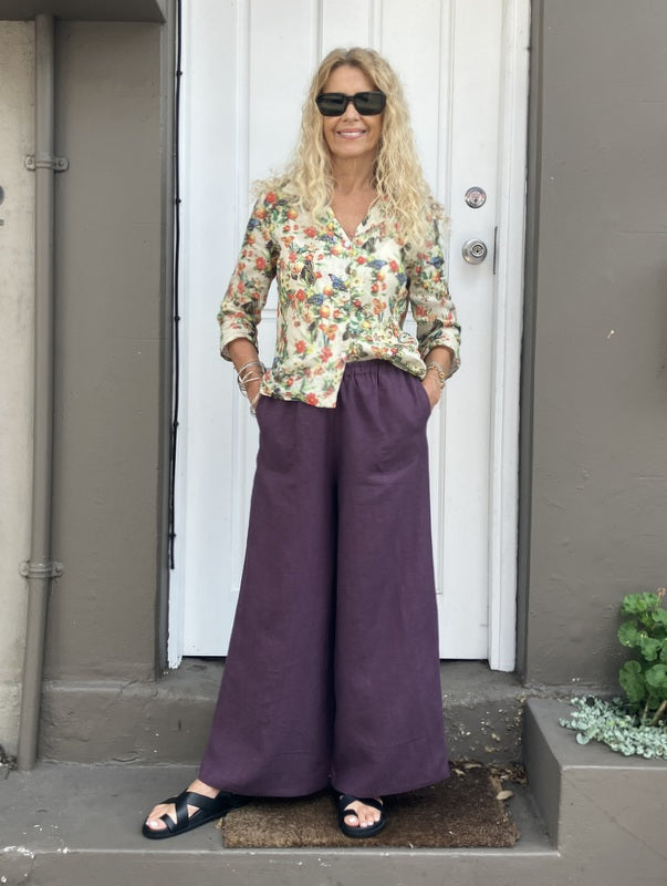 Jiva Mimi Pant (Regular) - Wide Legged Antique Wash Linen - Raisin jivaclothing