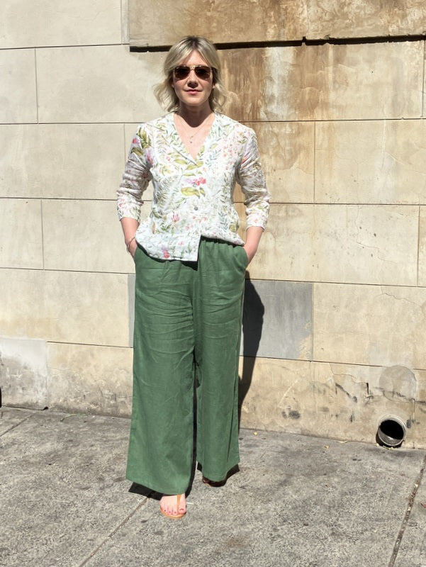 Jiva Mimi Pant (Regular) - Wide Legged Linen - Forever Green/ Stripe -jivaclothing