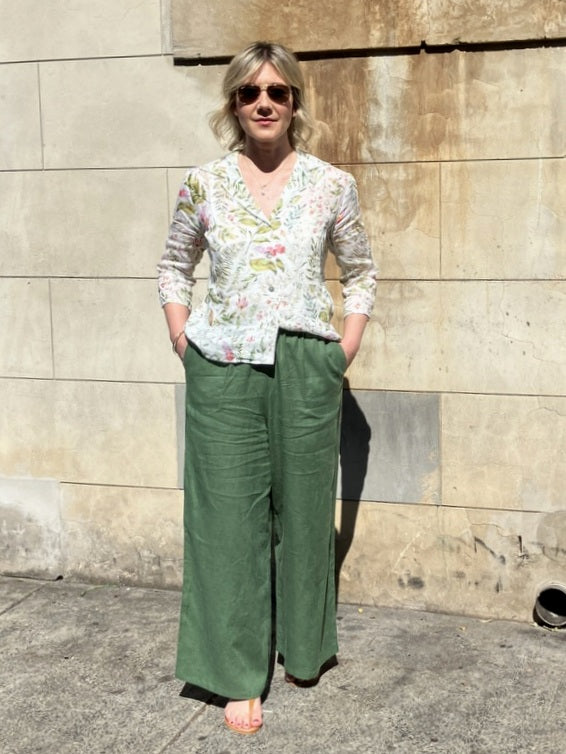 Jiva Mimi Pant (Regular) - Wide Legged Linen - Forever Green/ Stripe -jivaclothing