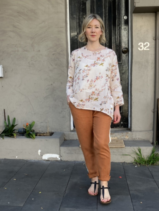 Jiva Mimi Pant - Narrow Leg Linen - Rust/ Striped  -jivaclothing