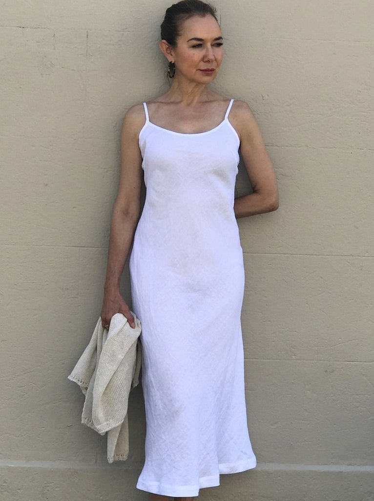 Jiva Vintage Wash Linen Slip- Shoestring Maxi Slip Dress - White-jivaclothing